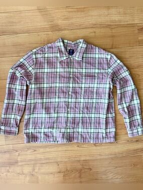 GAP Boxy Relaxed Pink Plaid Organic Cotton Flannel Shirt